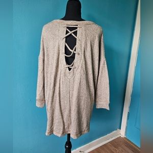 NWT Cherish tan and silver, lace back, light weight sweater, size Lg